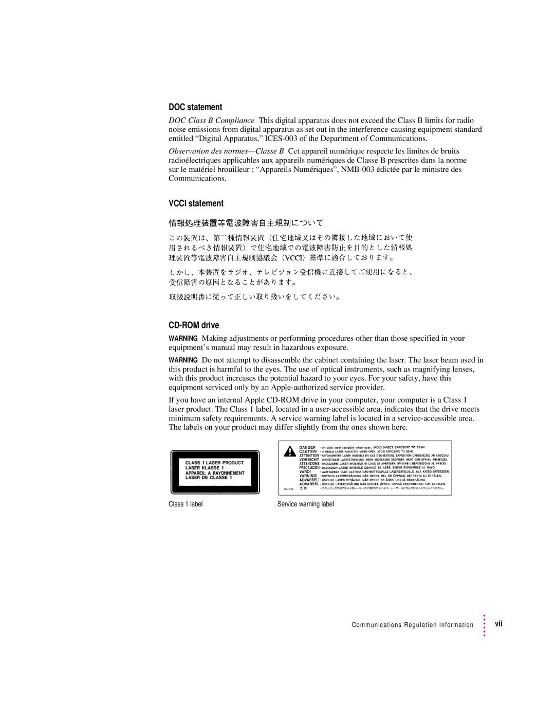 Apple 120 Series user manual DOC statement, Vcci statement CD-ROM drive 