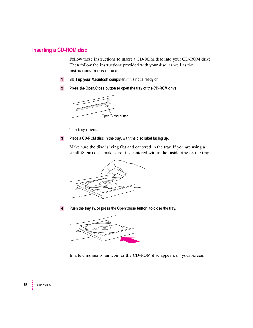 Apple 120 Series user manual Inserting a CD-ROM disc, Tray opens 