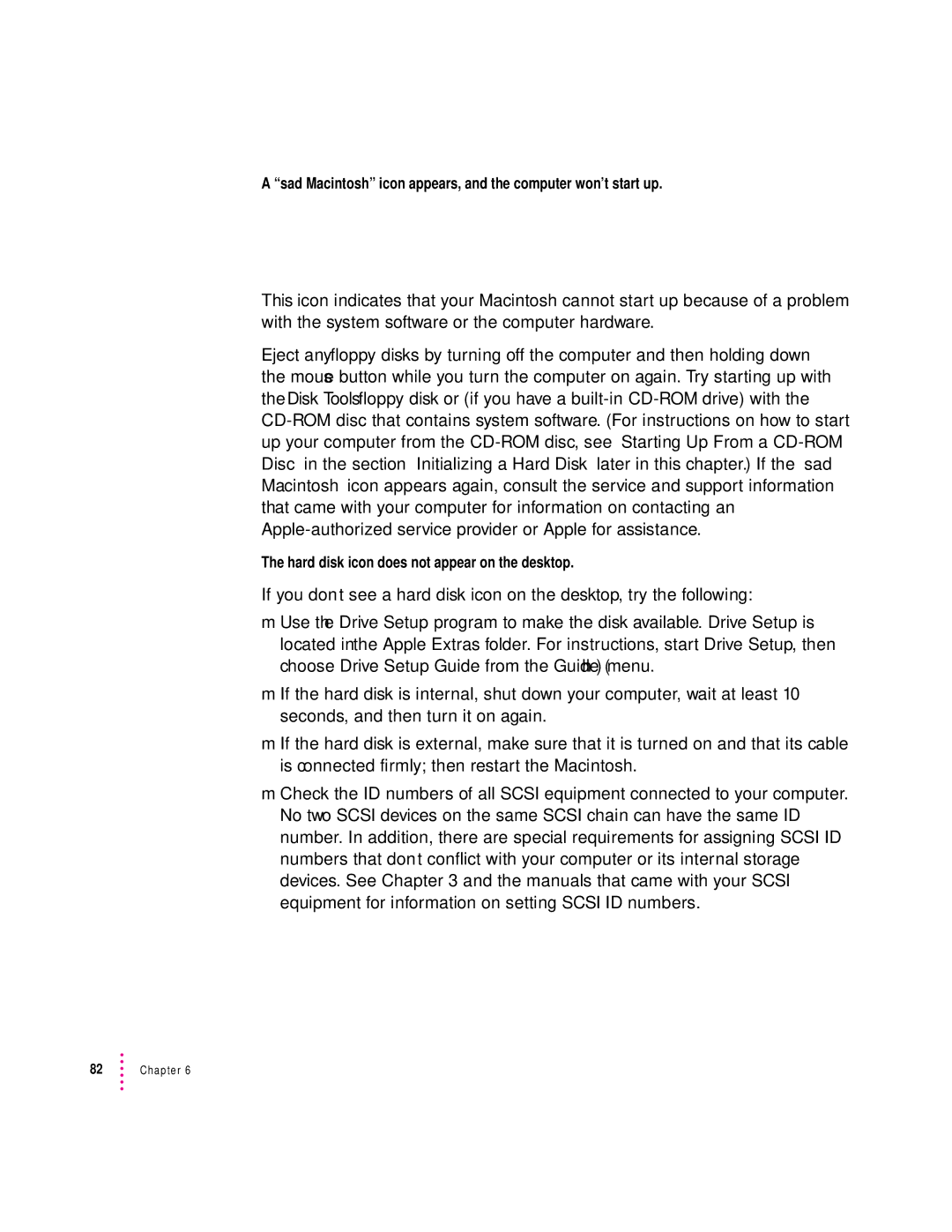 Apple 120 Series user manual Sad Macintosh icon appears, and the computer won’t start up 