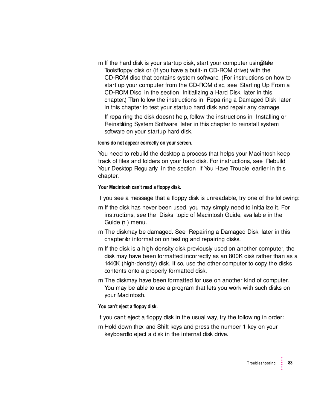 Apple 120 Series user manual Icons do not appear correctly on your screen, Your Macintosh can’t read a floppy disk 