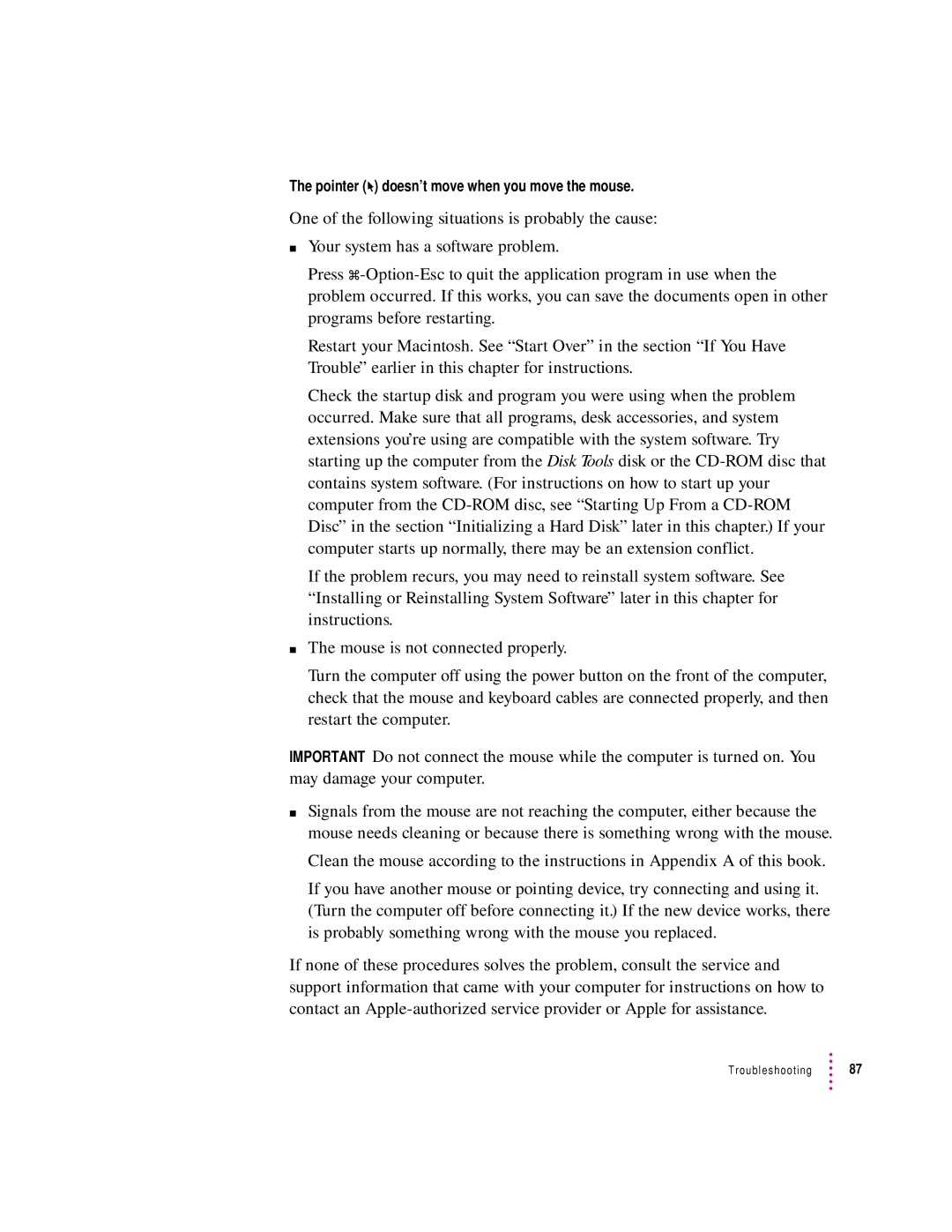 Apple 120 Series user manual Pointer 8 doesn’t move when you move the mouse 