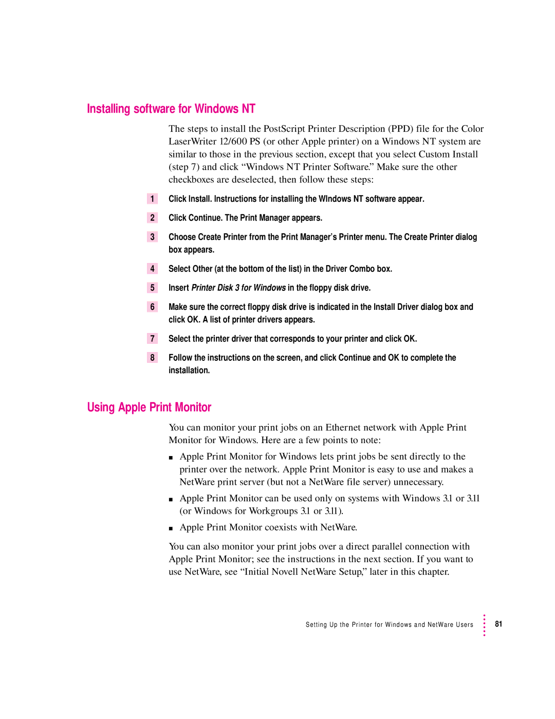 Apple 12/600PS manual Installing software for Windows NT, Using Apple Print Monitor 