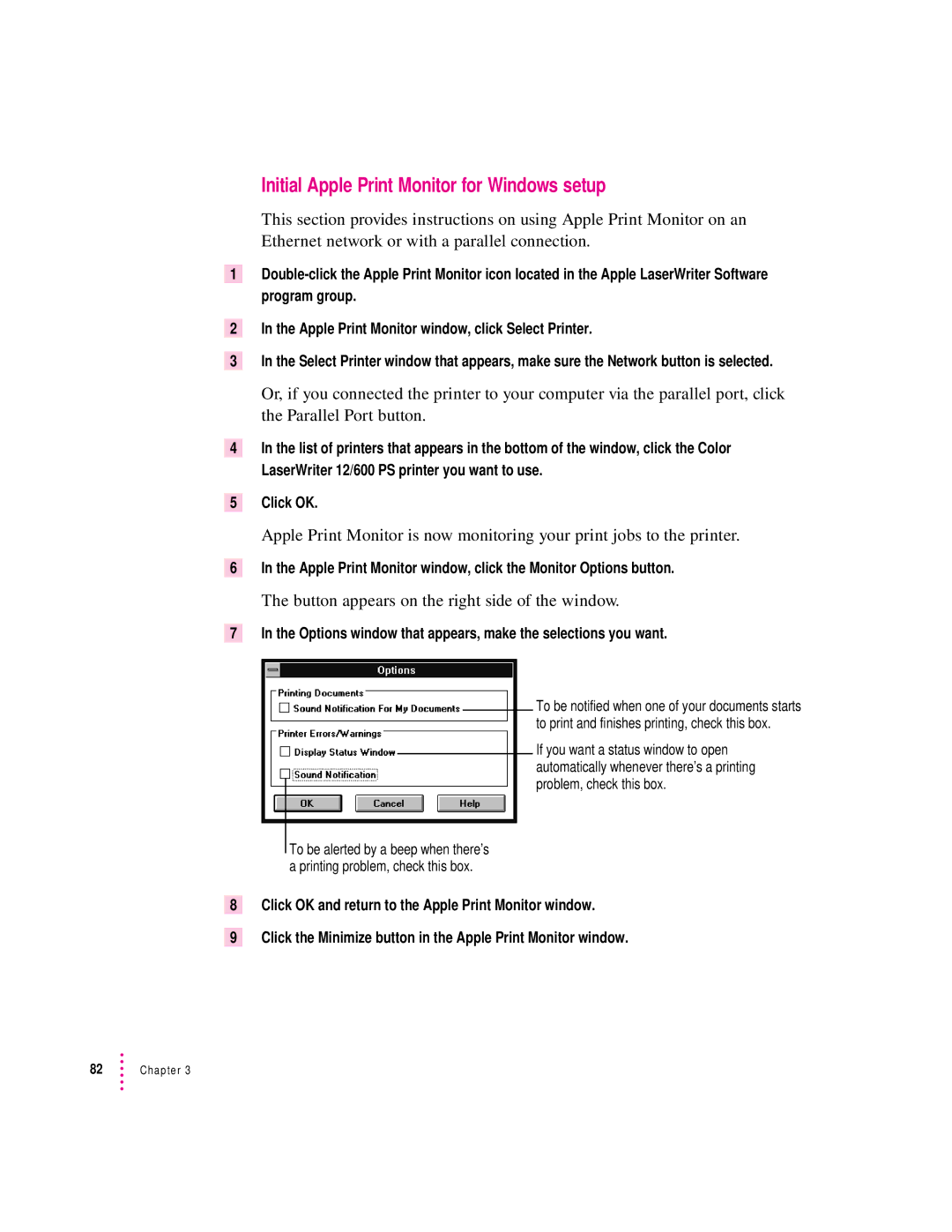 Apple 12/600PS manual Initial Apple Print Monitor for Windows setup, Button appears on the right side of the window 