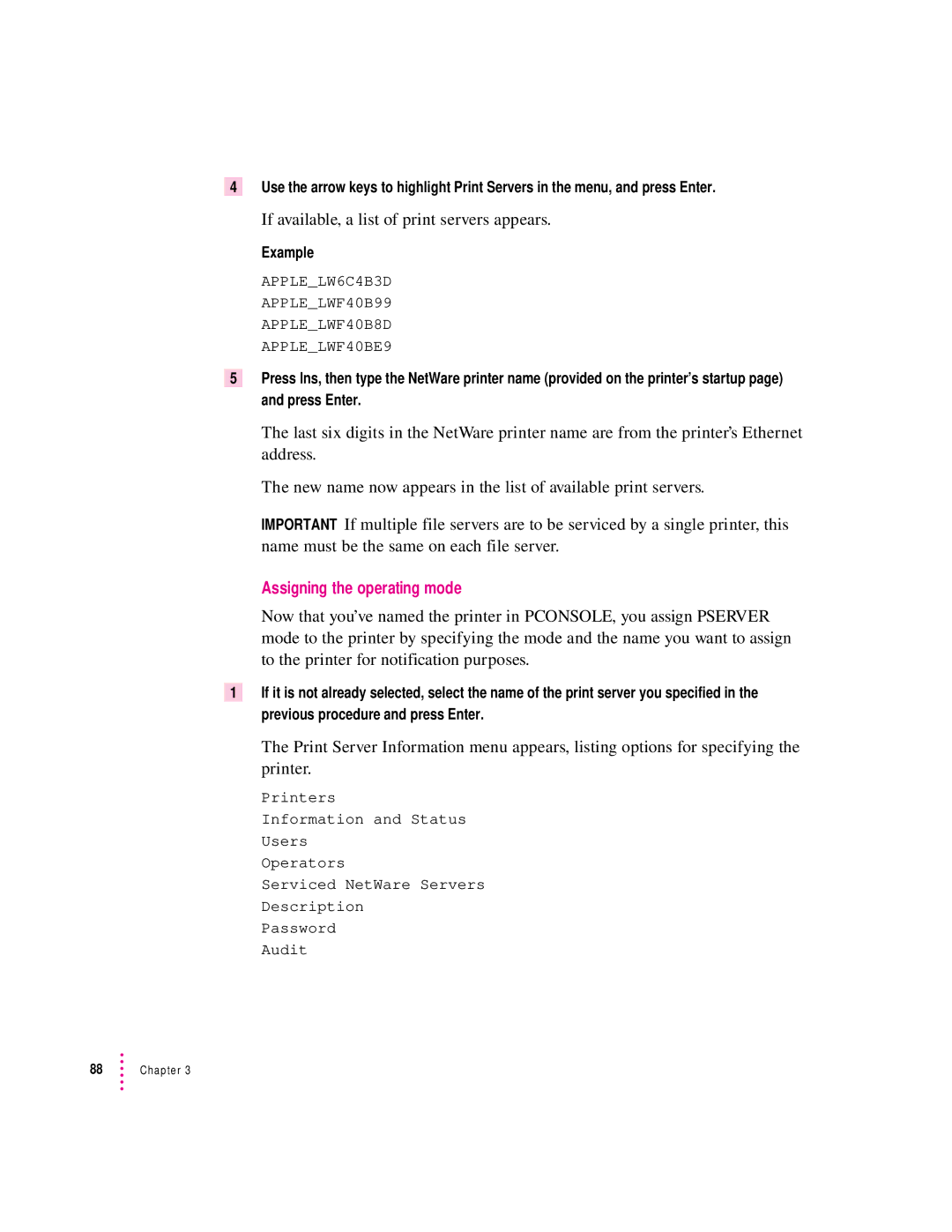 Apple 12/600PS manual If available, a list of print servers appears, Assigning the operating mode, Example 