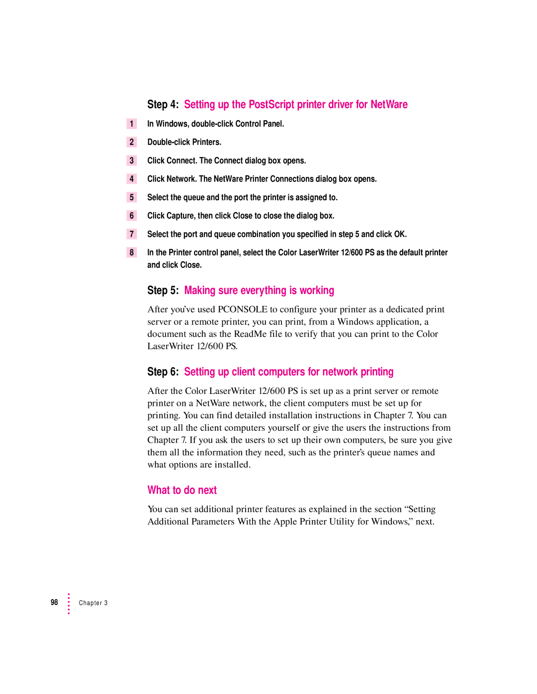 Apple 12/600PS Setting up the PostScript printer driver for NetWare, Setting up client computers for network printing 
