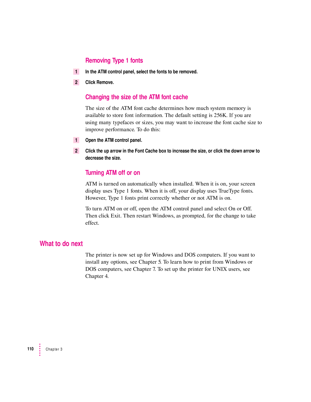 Apple 12/600PS manual Removing Type 1 fonts, Changing the size of the ATM font cache, Turning ATM off or on 