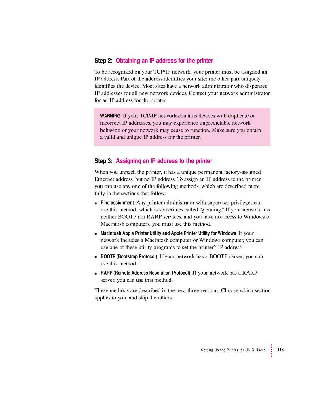 Apple 12/600PS manual Obtaining an IP address for the printer, Assigning an IP address to the printer 