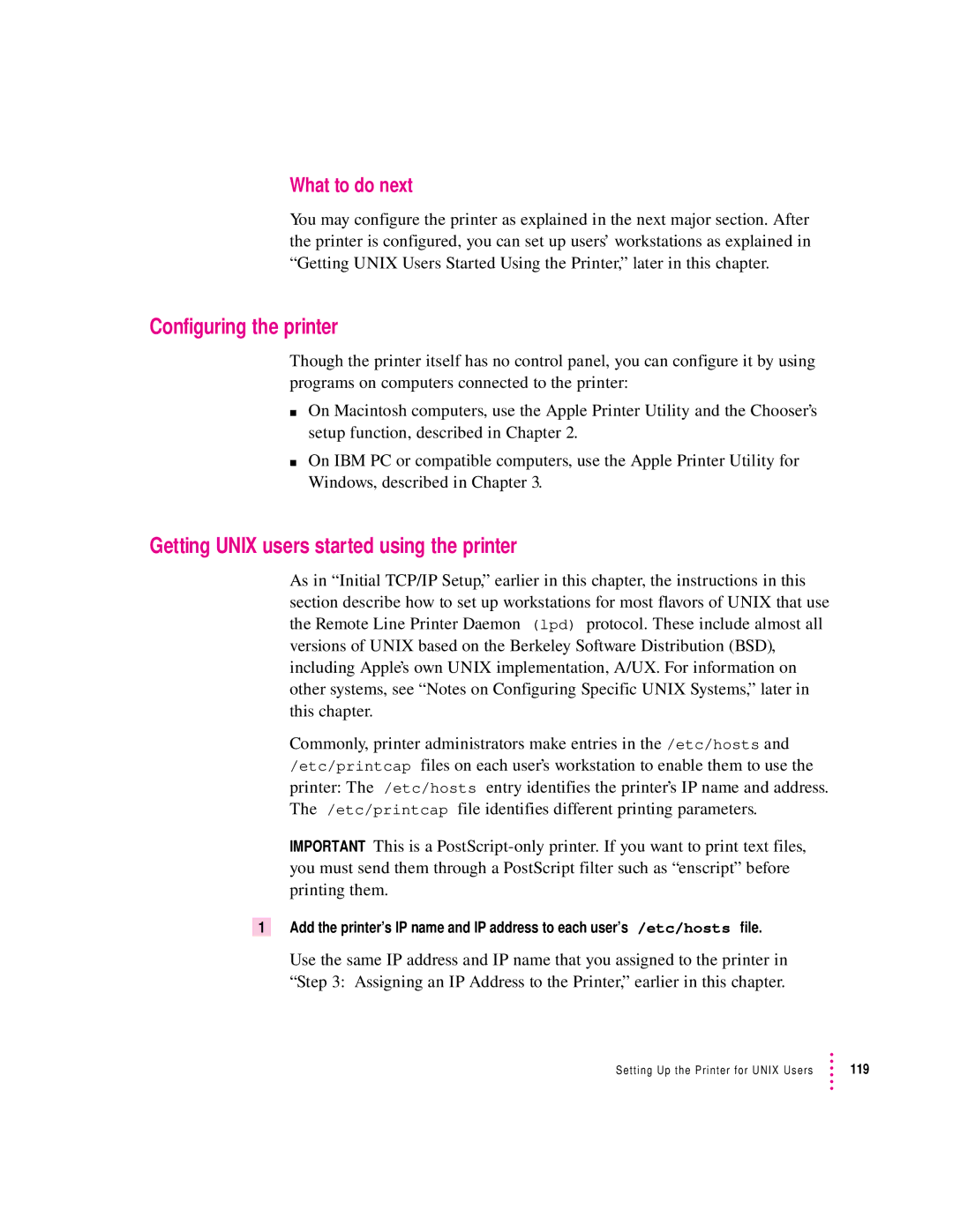 Apple 12/600PS manual Configuring the printer, Getting Unix users started using the printer 