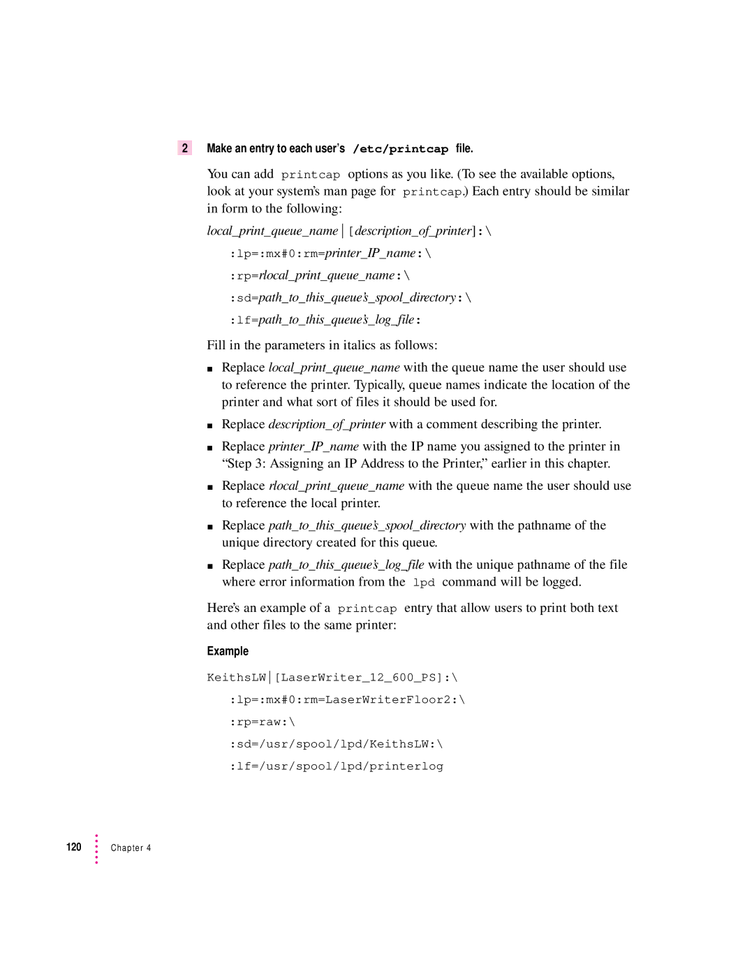 Apple 12/600PS manual Make an entry to each user’s /etc/printcap file 