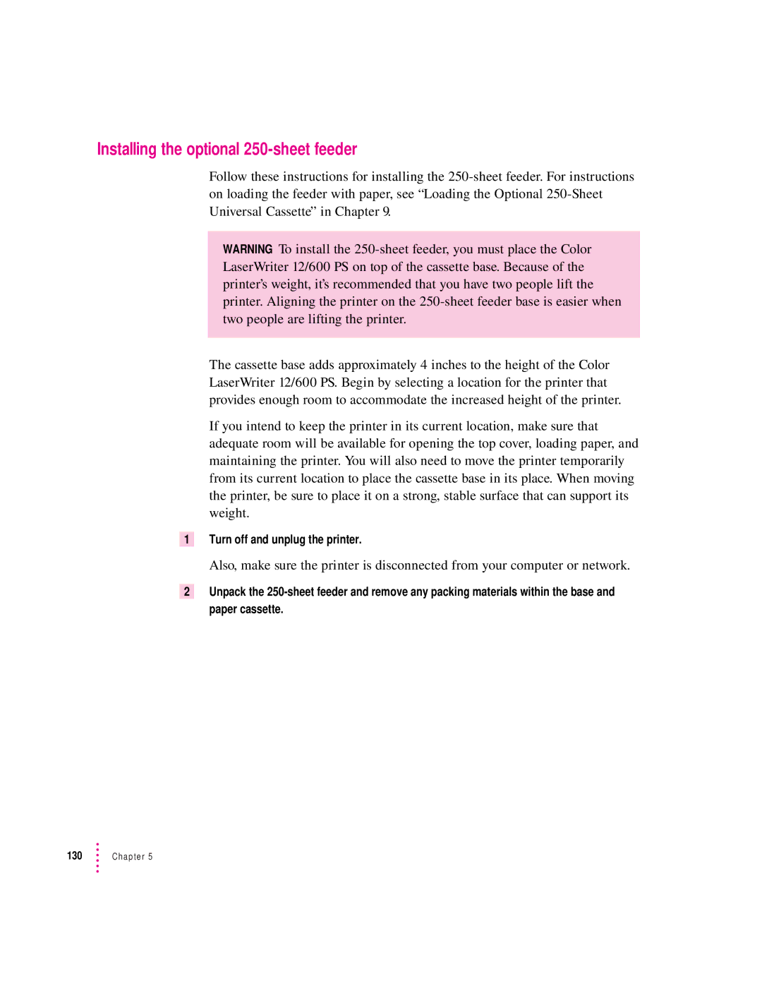 Apple 12/600PS manual Installing the optional 250-sheet feeder, Turn off and unplug the printer 