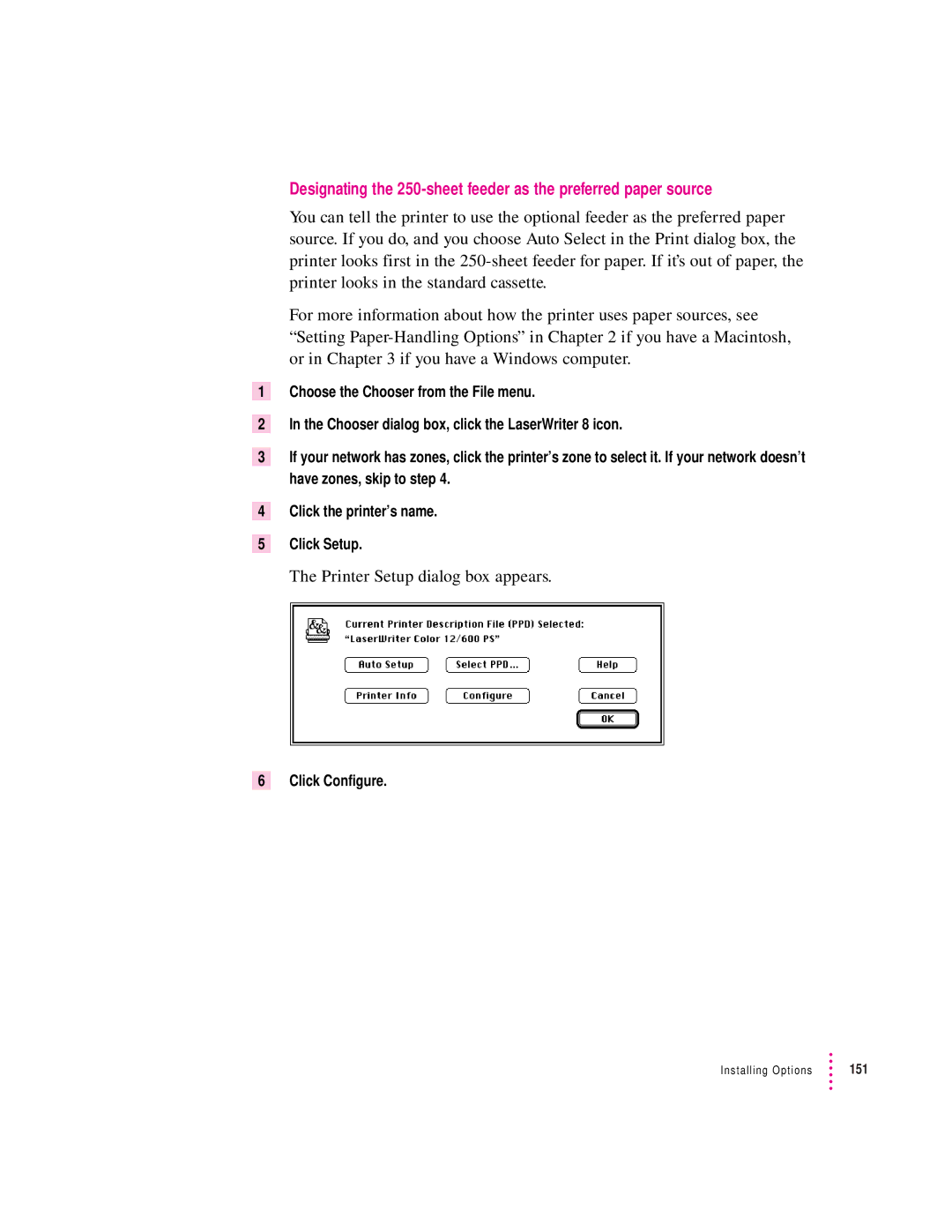 Apple 12/600PS manual Printer Setup dialog box appears, Click Configure 