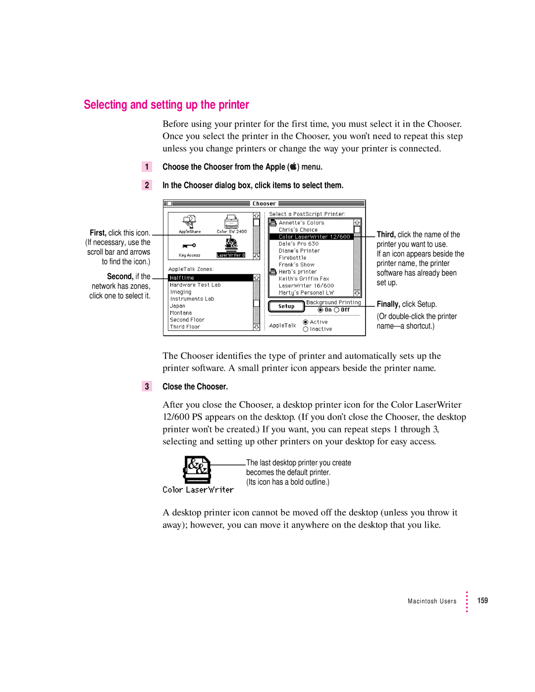 Apple 12/600PS manual Selecting and setting up the printer, Close the Chooser 