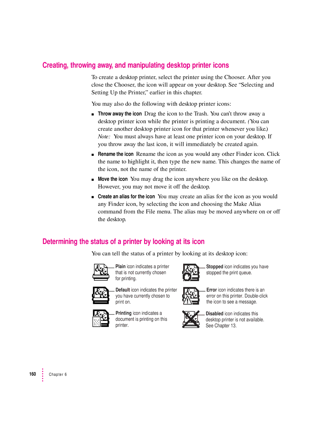 Apple 12/600PS manual Determining the status of a printer by looking at its icon 