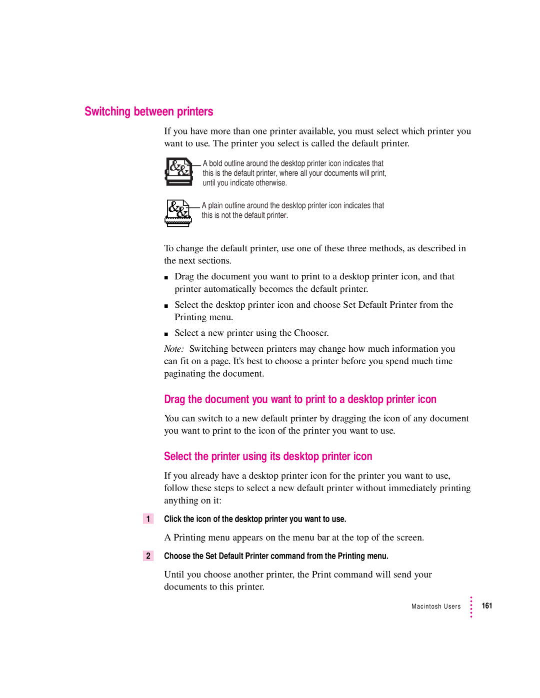 Apple 12/600PS manual Switching between printers, Select the printer using its desktop printer icon 