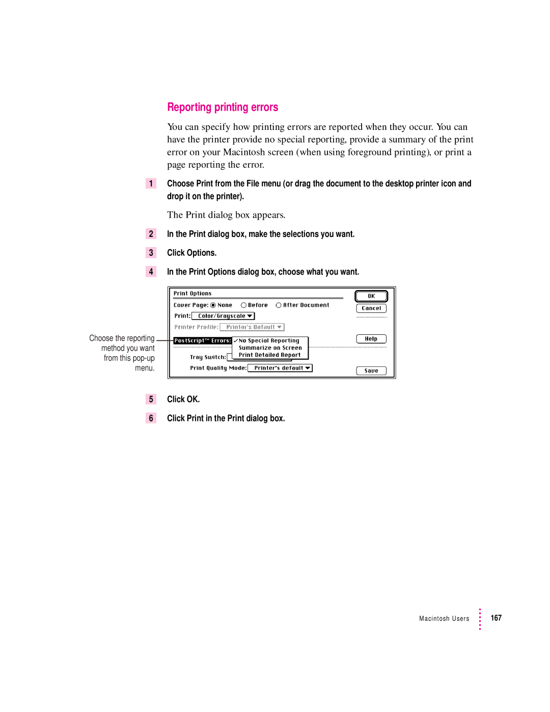 Apple 12/600PS manual Reporting printing errors, Click OK Click Print in the Print dialog box 