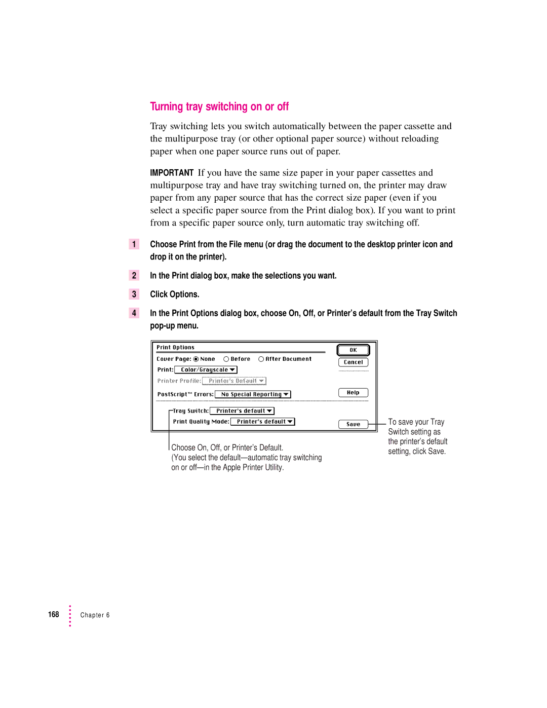 Apple 12/600PS manual Turning tray switching on or off, Choose On, Off, or Printer’s Default 