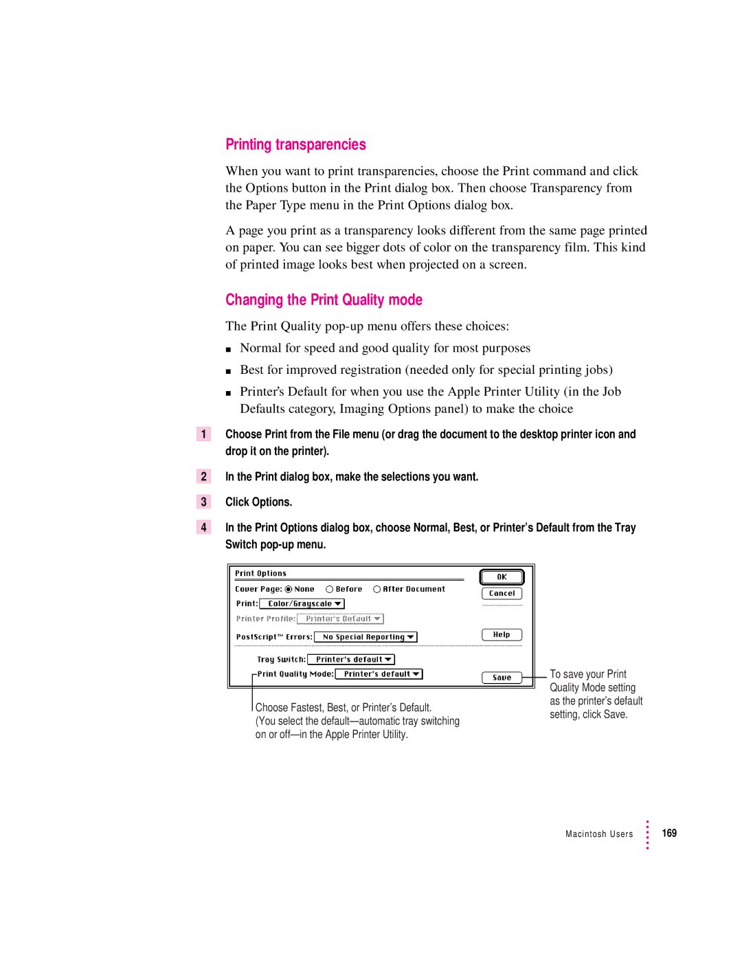 Apple 12/600PS manual Printing transparencies, Changing the Print Quality mode 