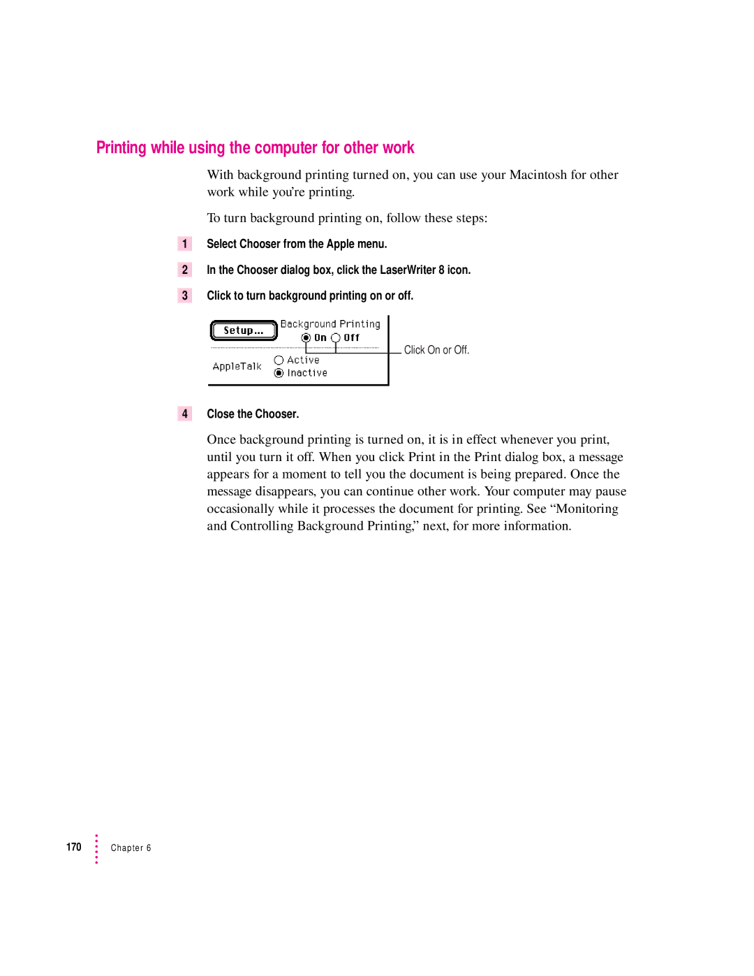 Apple 12/600PS manual Printing while using the computer for other work, Close the Chooser 