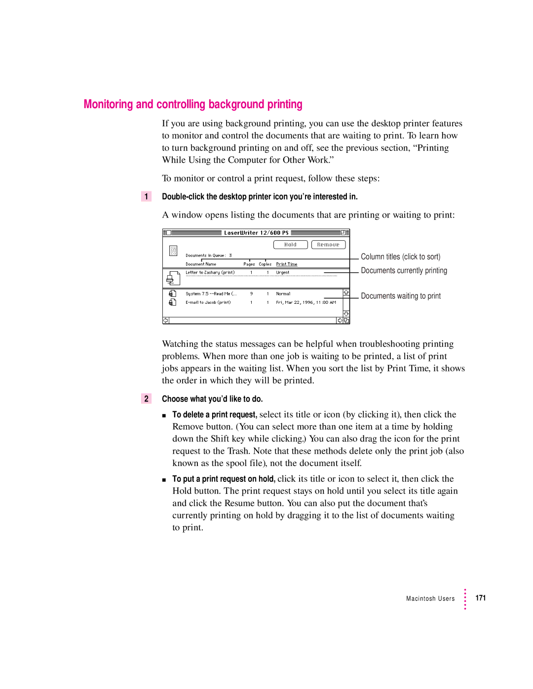 Apple 12/600PS Monitoring and controlling background printing, Double-click the desktop printer icon you’re interested 