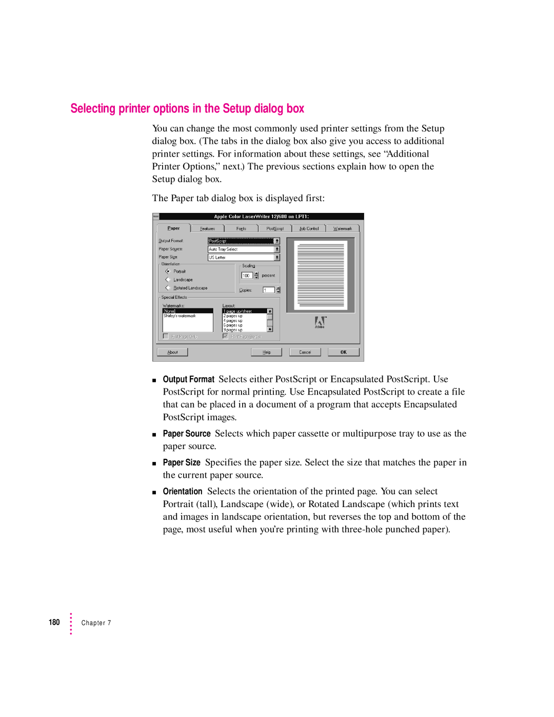 Apple 12/600PS manual Selecting printer options in the Setup dialog box 