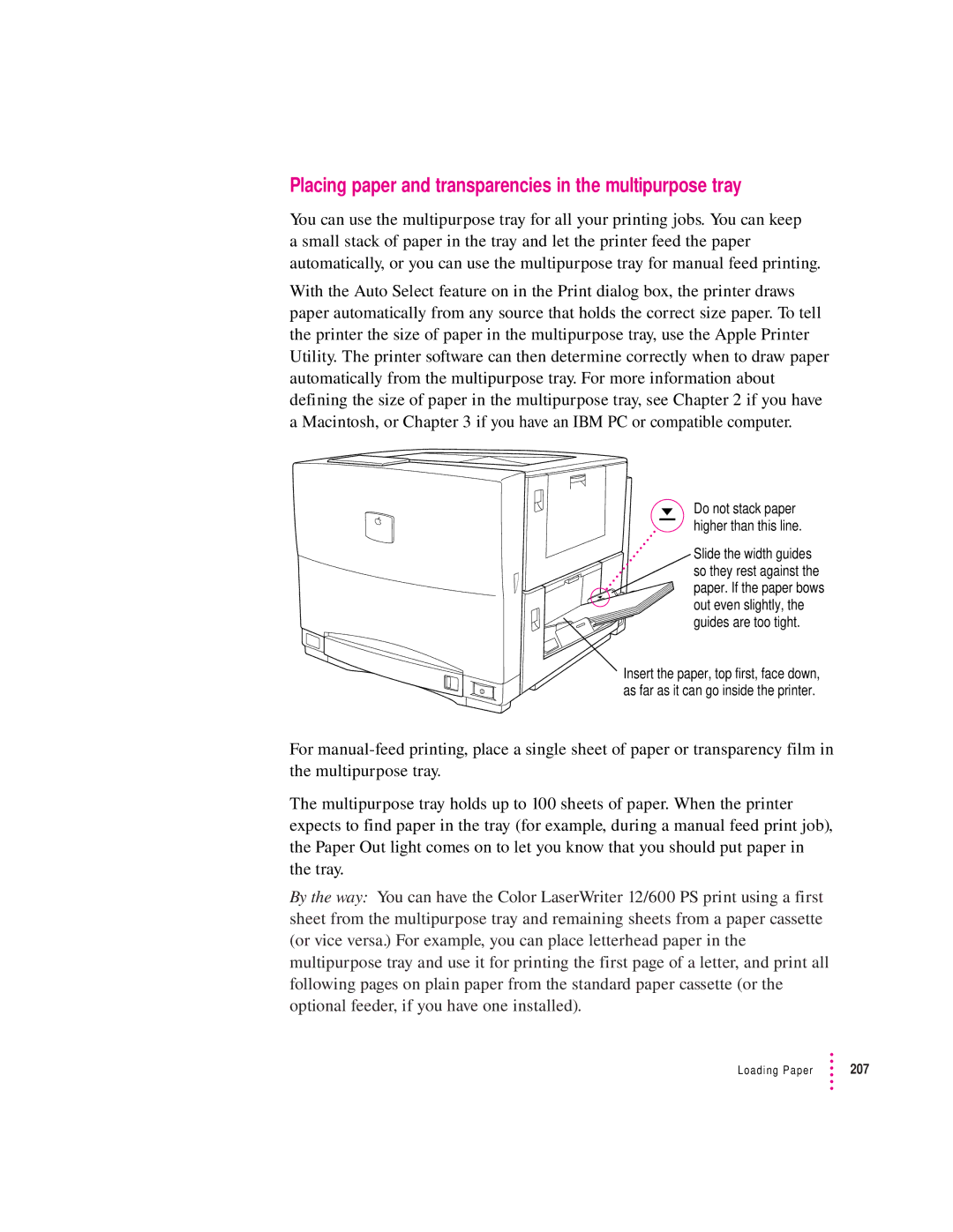 Apple 12/600PS manual Placing paper and transparencies in the multipurpose tray 