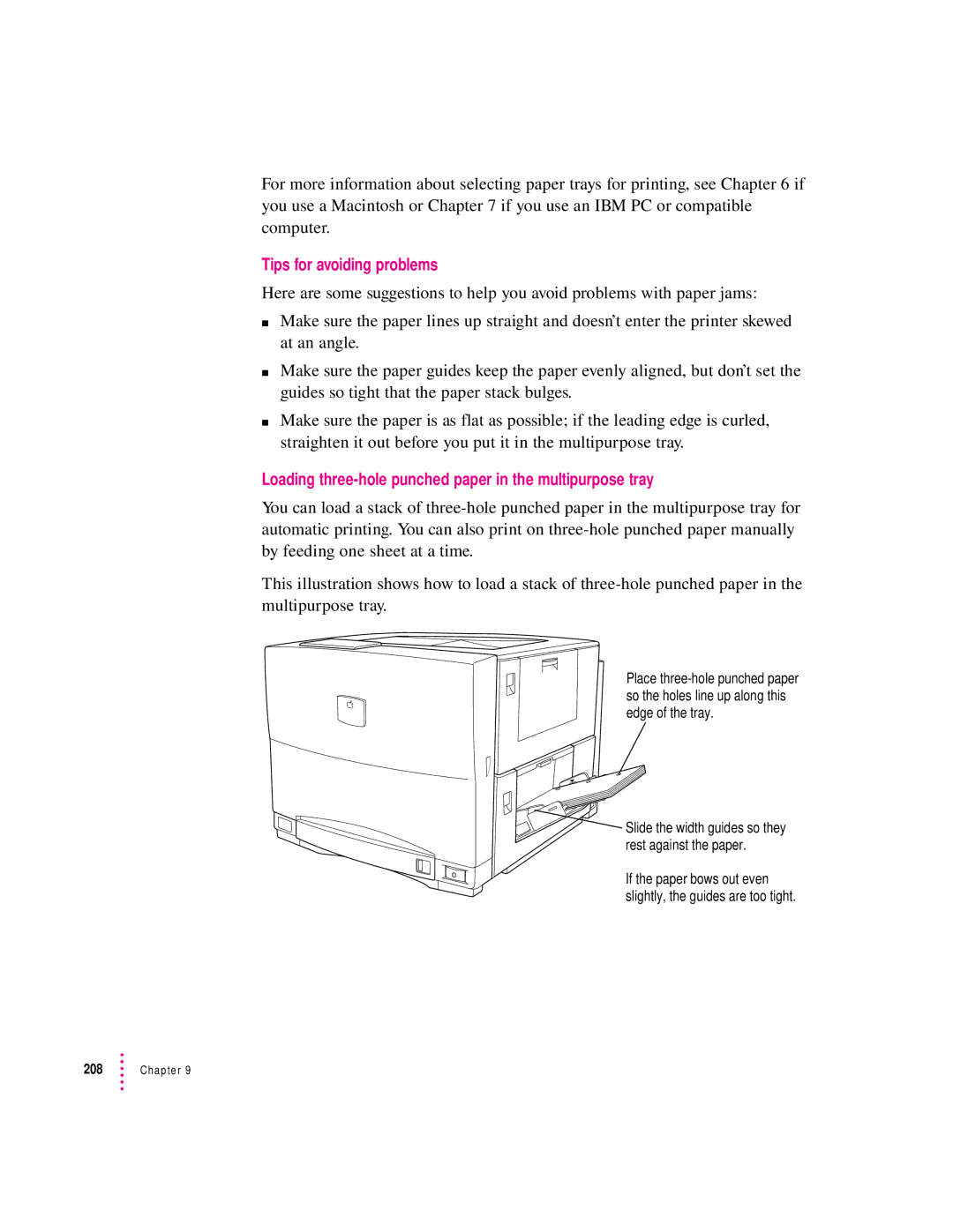 Apple 12/600PS manual Tips for avoiding problems, Loading three-hole punched paper in the multipurpose tray 