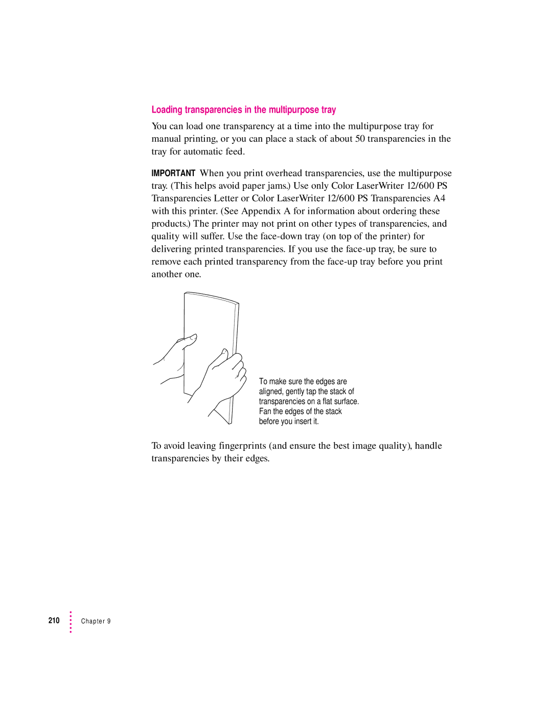 Apple 12/600PS manual Loading transparencies in the multipurpose tray 