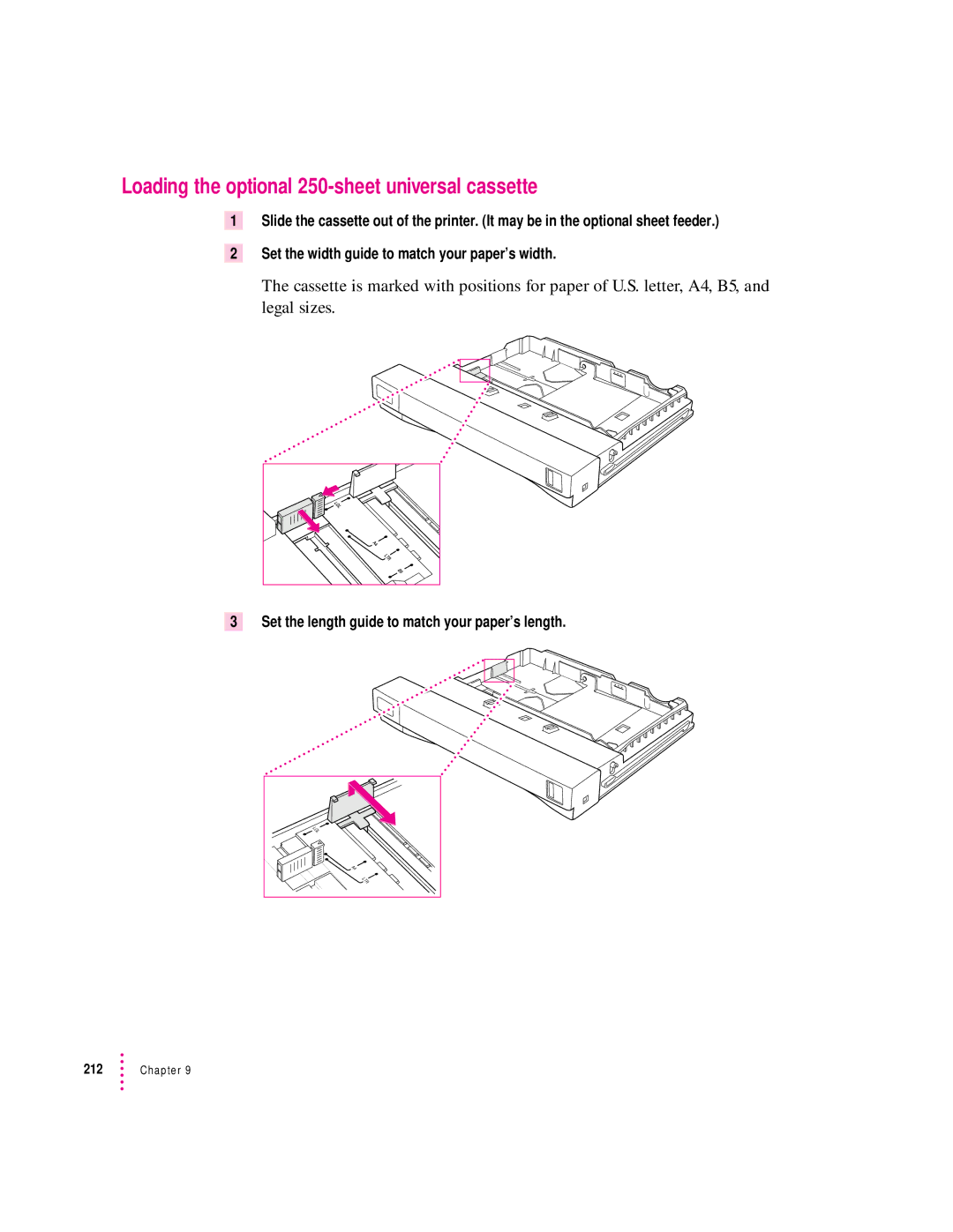 Apple 12/600PS manual Loading the optional 250-sheet universal cassette, Set the length guide to match your paper’s length 