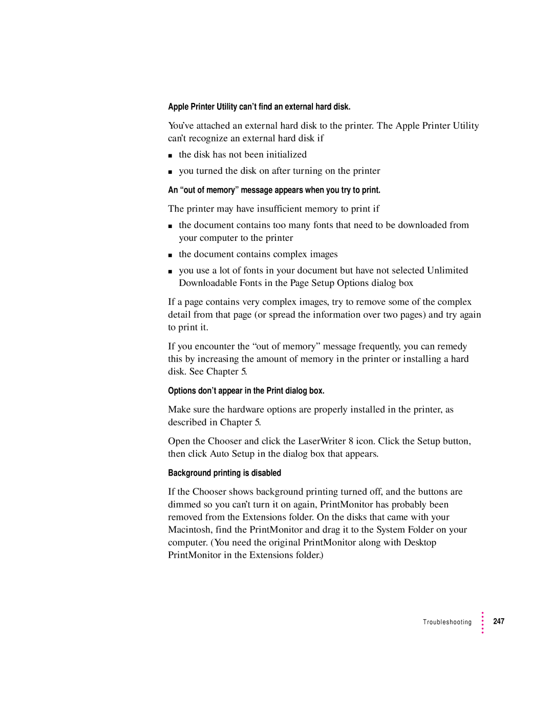 Apple 12/600PS manual Apple Printer Utility can’t find an external hard disk, Options don’t appear in the Print dialog box 