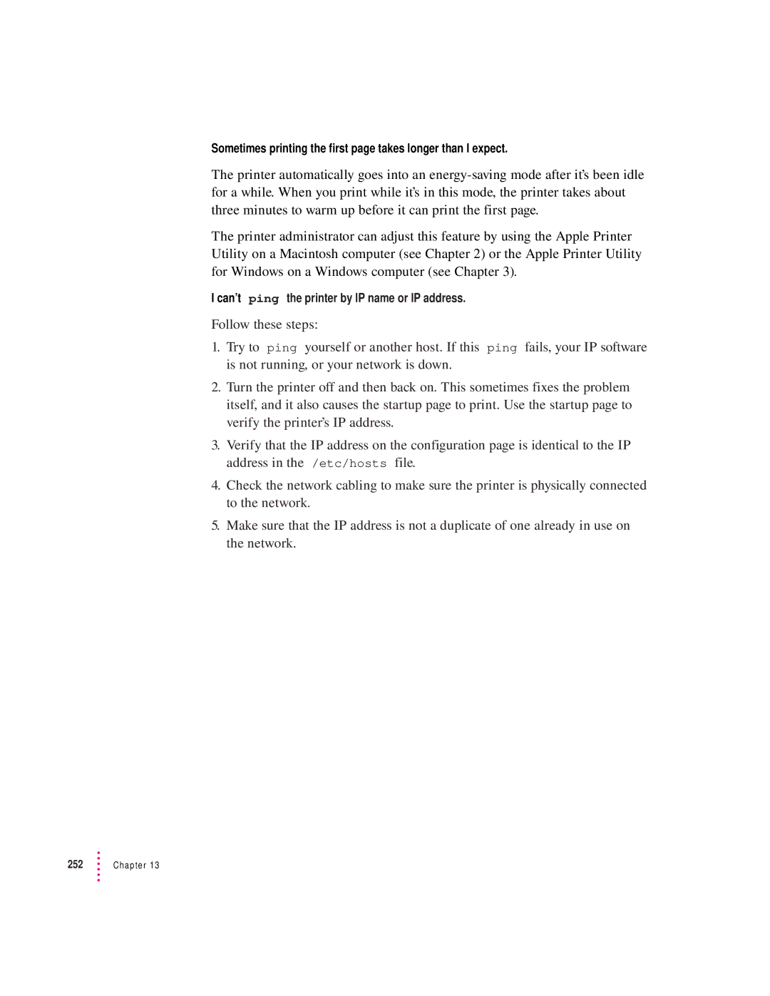Apple 12/600PS manual Can’t ping the printer by IP name or IP address 