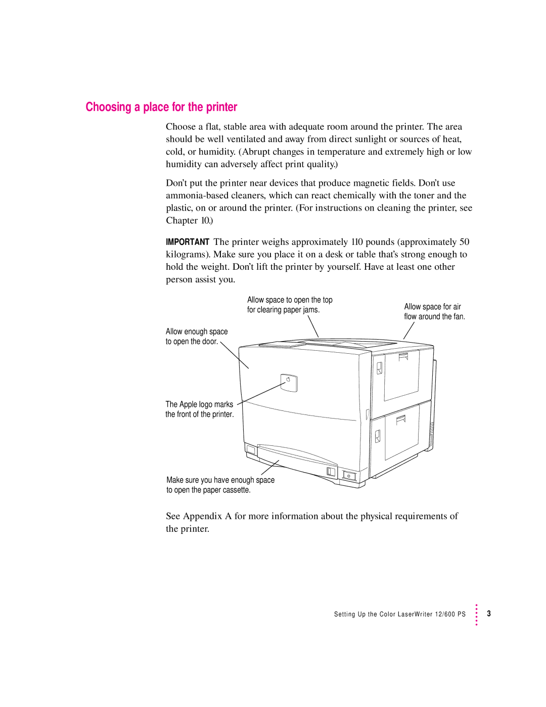 Apple 12/600PS manual Choosing a place for the printer, Allow space to open the top for clearing paper jams 