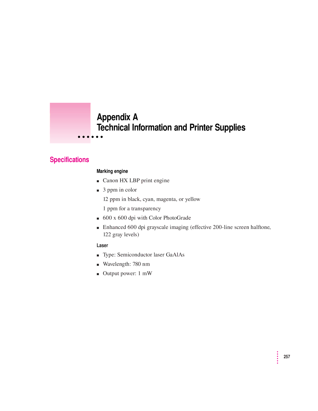 Apple 12/600PS manual Appendix a Technical Information and Printer Supplies, Specifications, Marking engine 