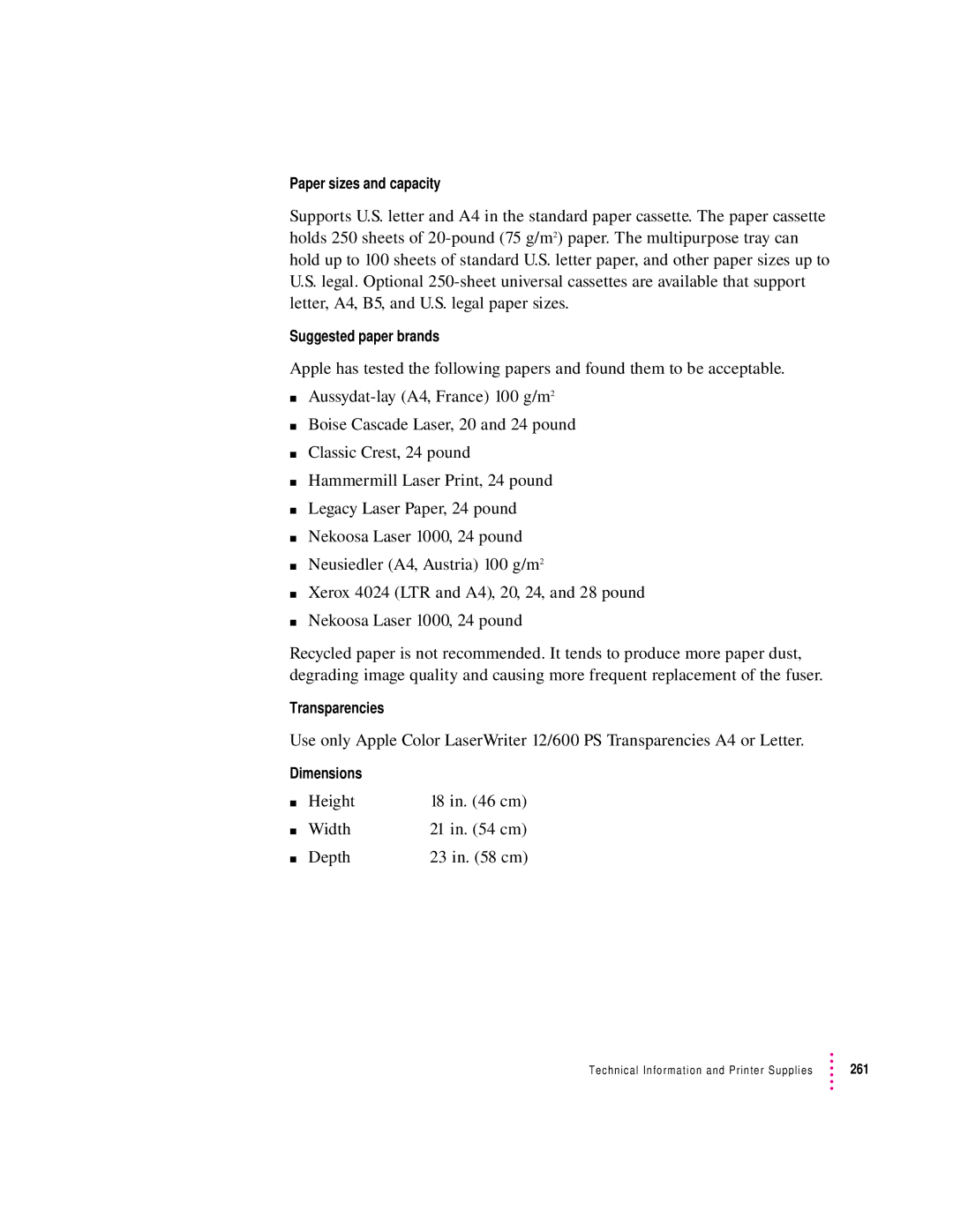 Apple 12/600PS manual Height Width Depth, Paper sizes and capacity, Suggested paper brands, Transparencies, Dimensions 