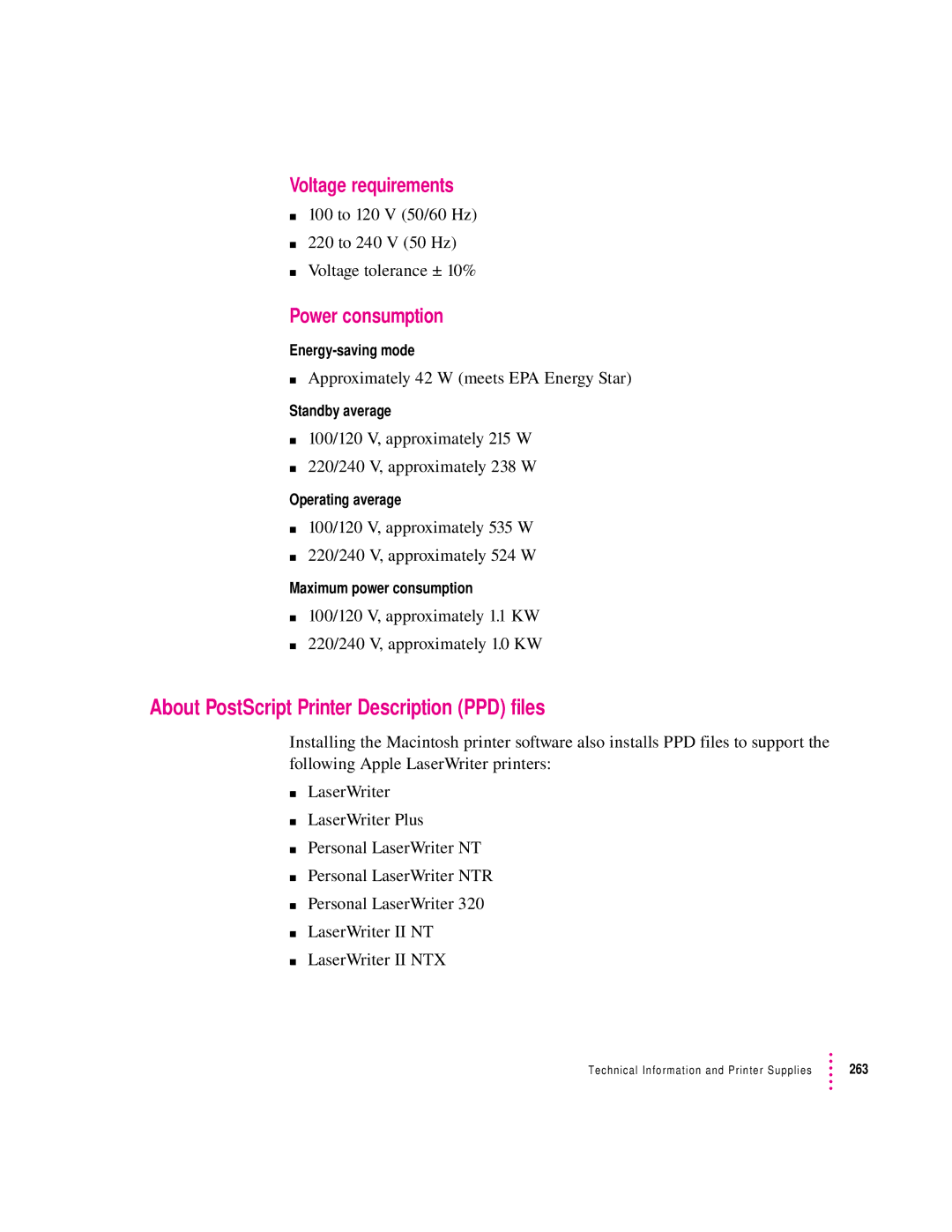 Apple 12/600PS manual About PostScript Printer Description PPD files, Voltage requirements, Power consumption 