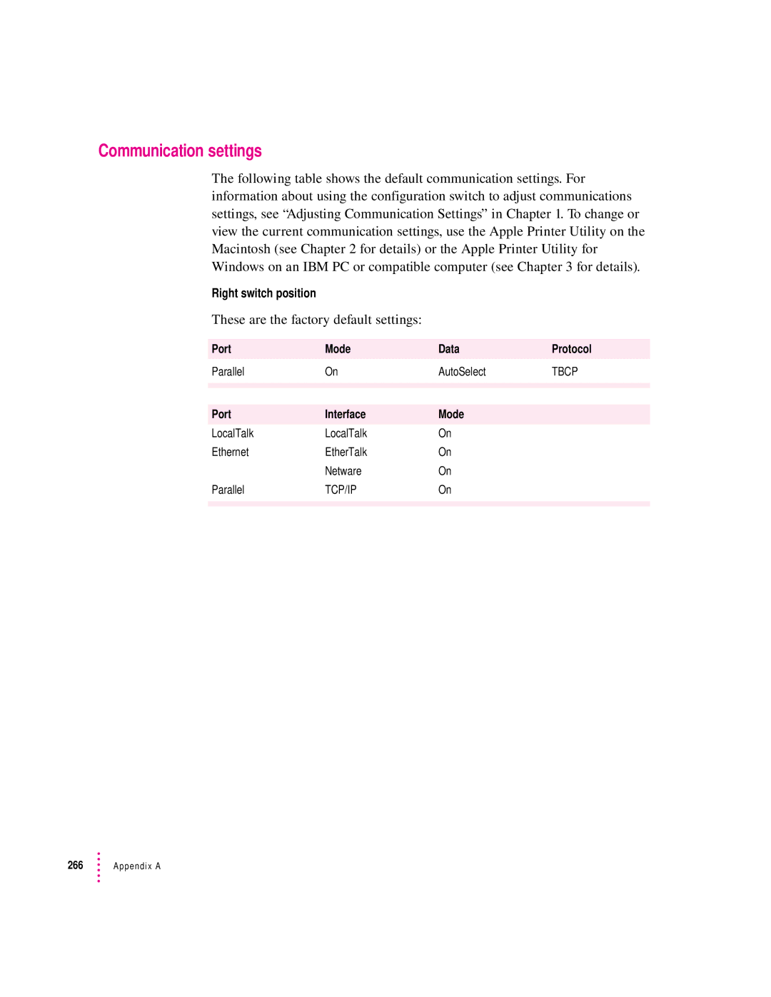 Apple 12/600PS manual Communication settings, These are the factory default settings, Right switch position 