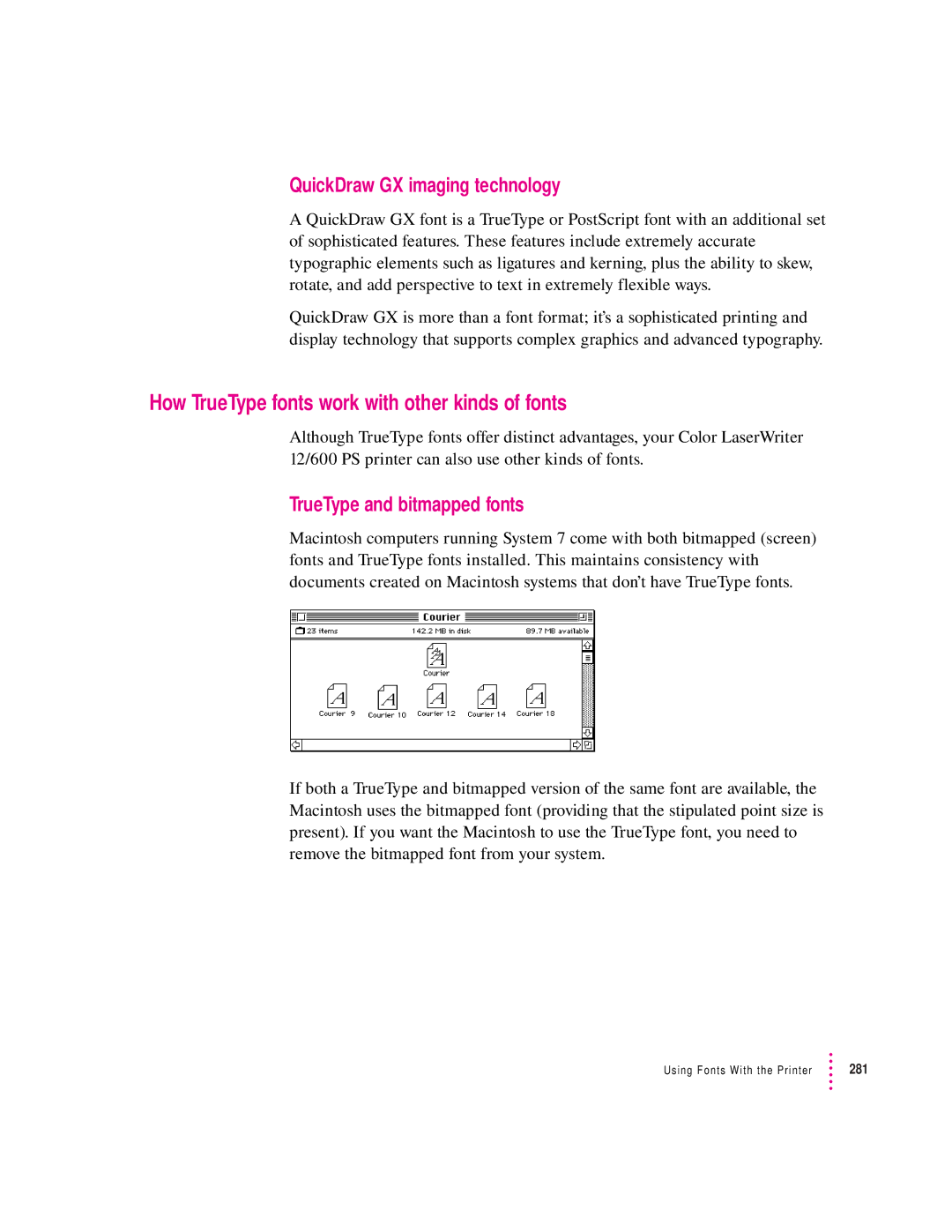 Apple 12/600PS manual How TrueType fonts work with other kinds of fonts, QuickDraw GX imaging technology 