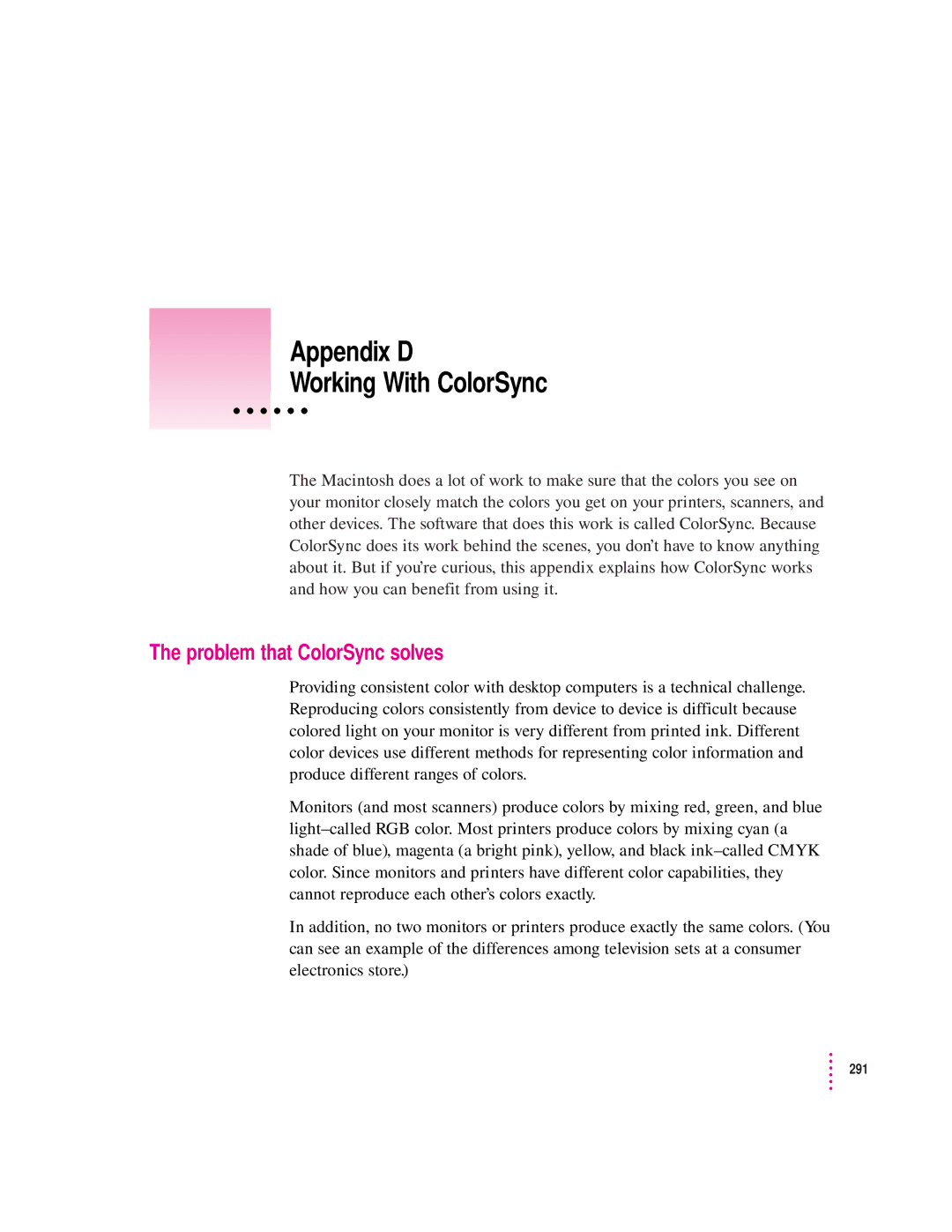 Apple 12/600PS manual Appendix D Working With ColorSync, Problem that ColorSync solves 