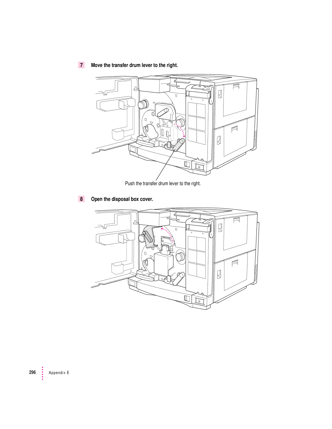 Apple 12/600PS manual Move the transfer drum lever to the right, Open the disposal box cover 