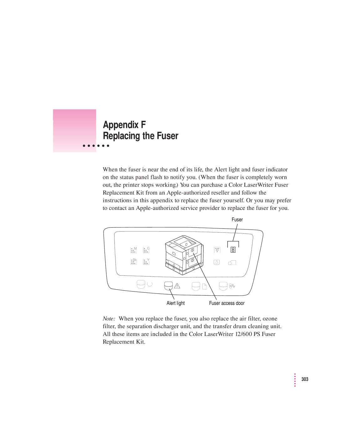 Apple 12/600PS manual Appendix F Replacing the Fuser 