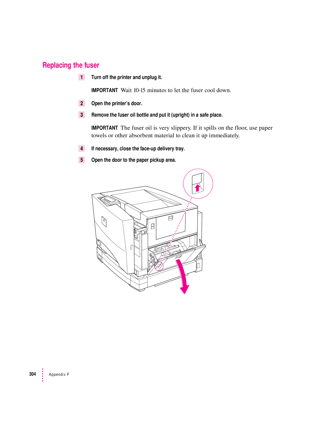 Apple 12/600PS manual Replacing the fuser, Important Wait 10-15 minutes to let the fuser cool down 