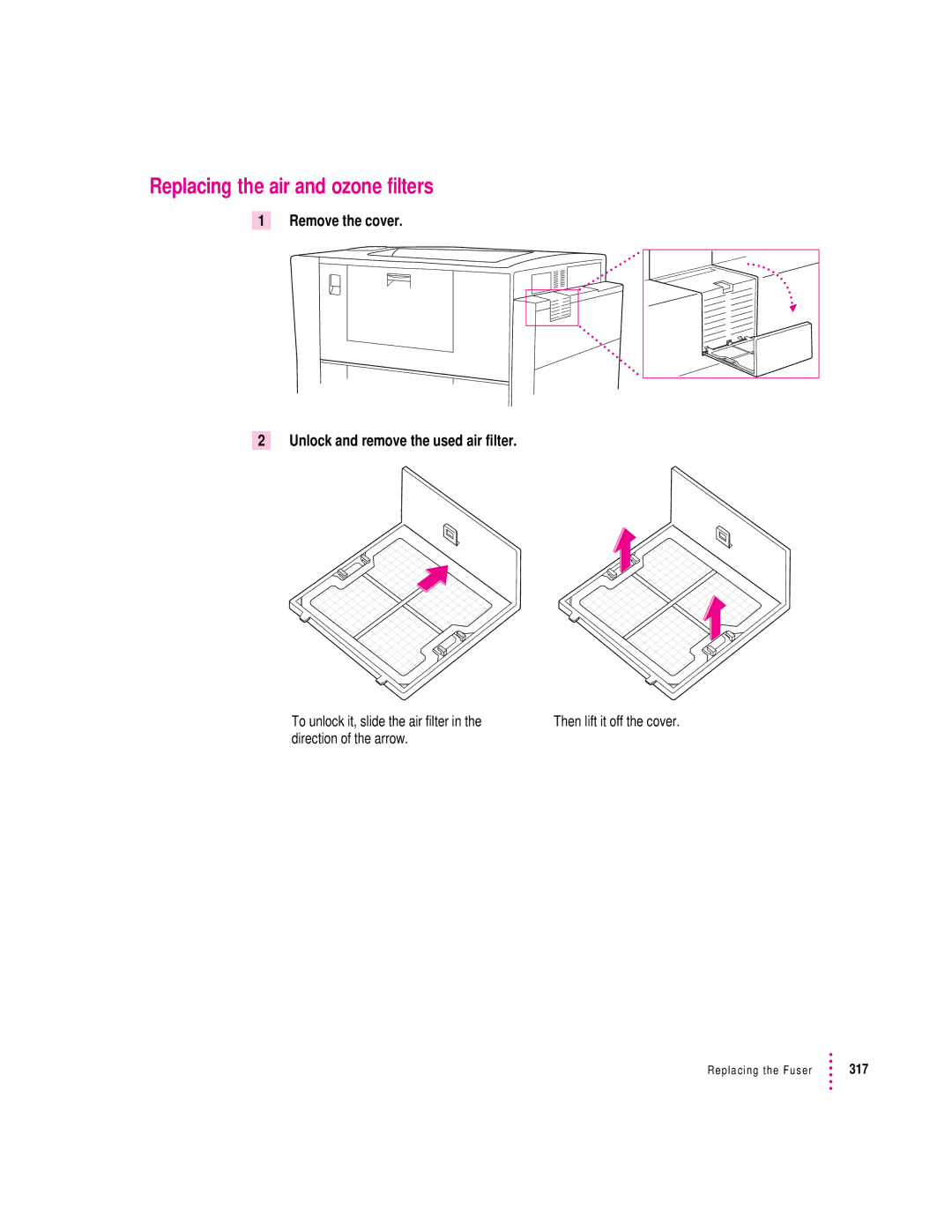 Apple 12/600PS manual Replacing the air and ozone filters, Remove the cover Unlock and remove the used air filter 