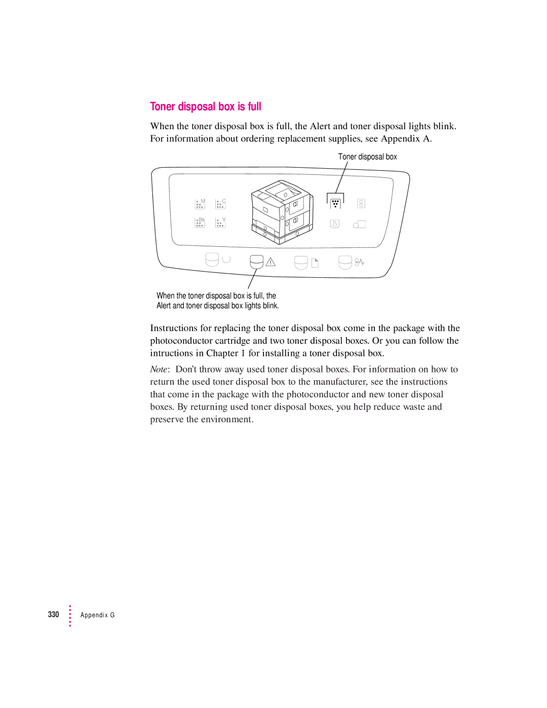 Apple 12/600PS manual Toner disposal box is full 