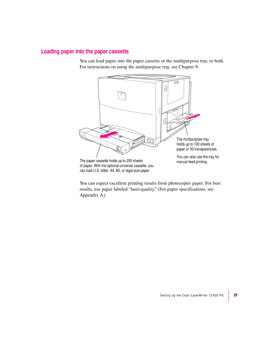 Apple 12/600PS manual Loading paper into the paper cassette, Paper cassette holds up to 250 sheets 