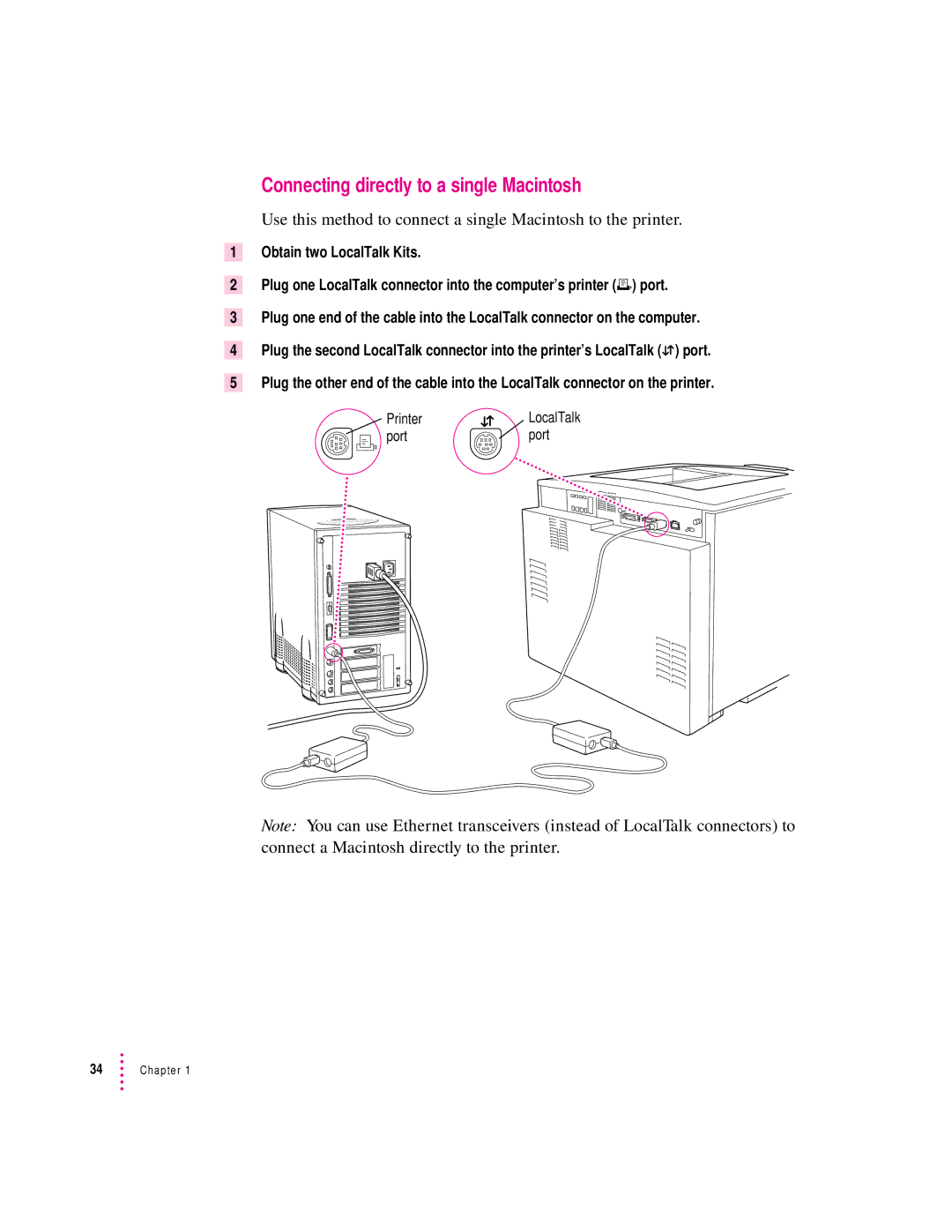 Apple 12/600PS Connecting directly to a single Macintosh, Use this method to connect a single Macintosh to the printer 