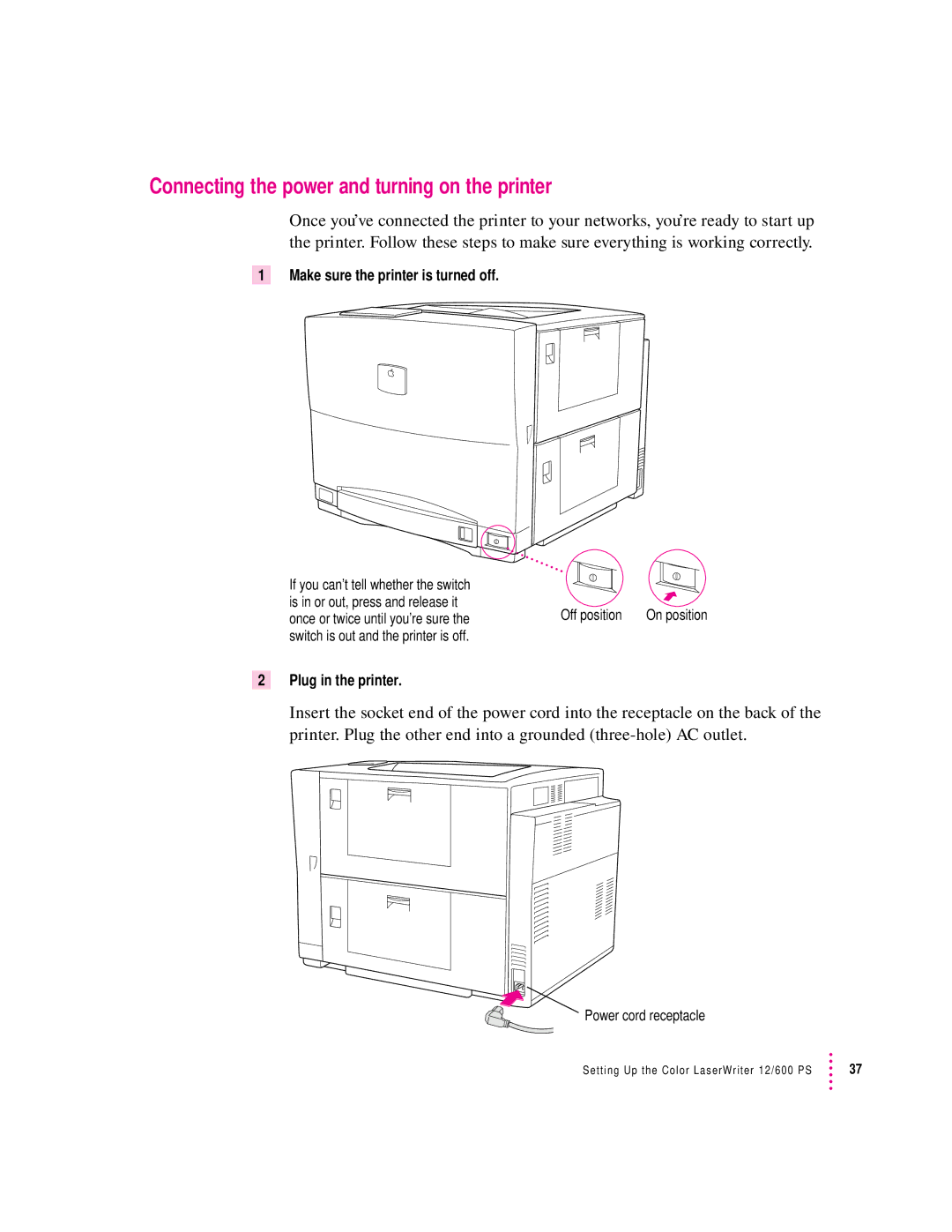 Apple 12/600PS Connecting the power and turning on the printer, Make sure the printer is turned off, Plug in the printer 