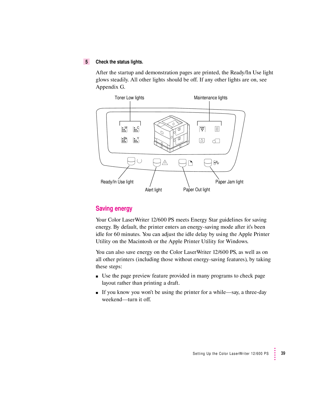 Apple 12/600PS manual Saving energy, Check the status lights 