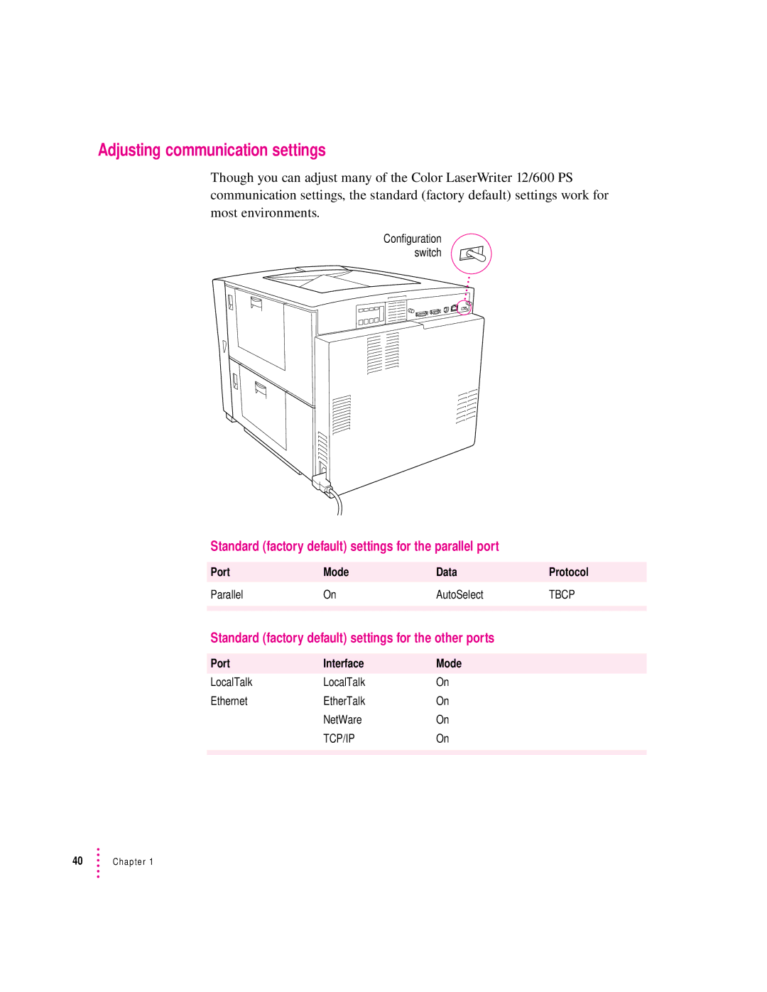 Apple 12/600PS manual Adjusting communication settings, Standard factory default settings for the parallel port 