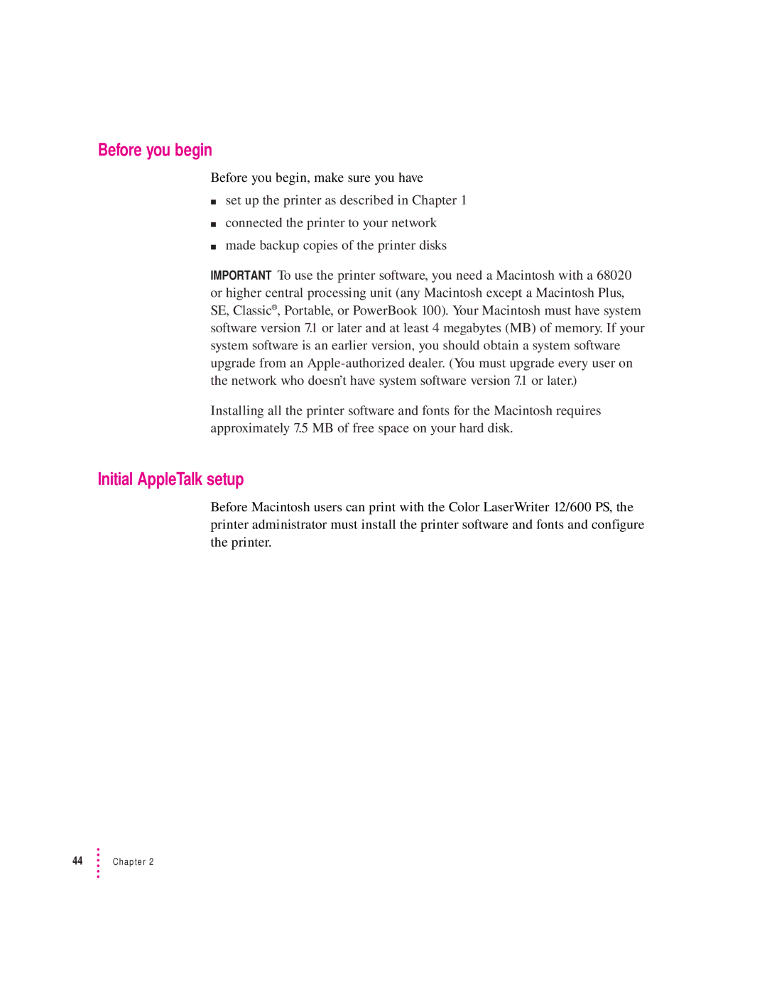 Apple 12/600PS manual Initial AppleTalk setup, Before you begin, make sure you have 