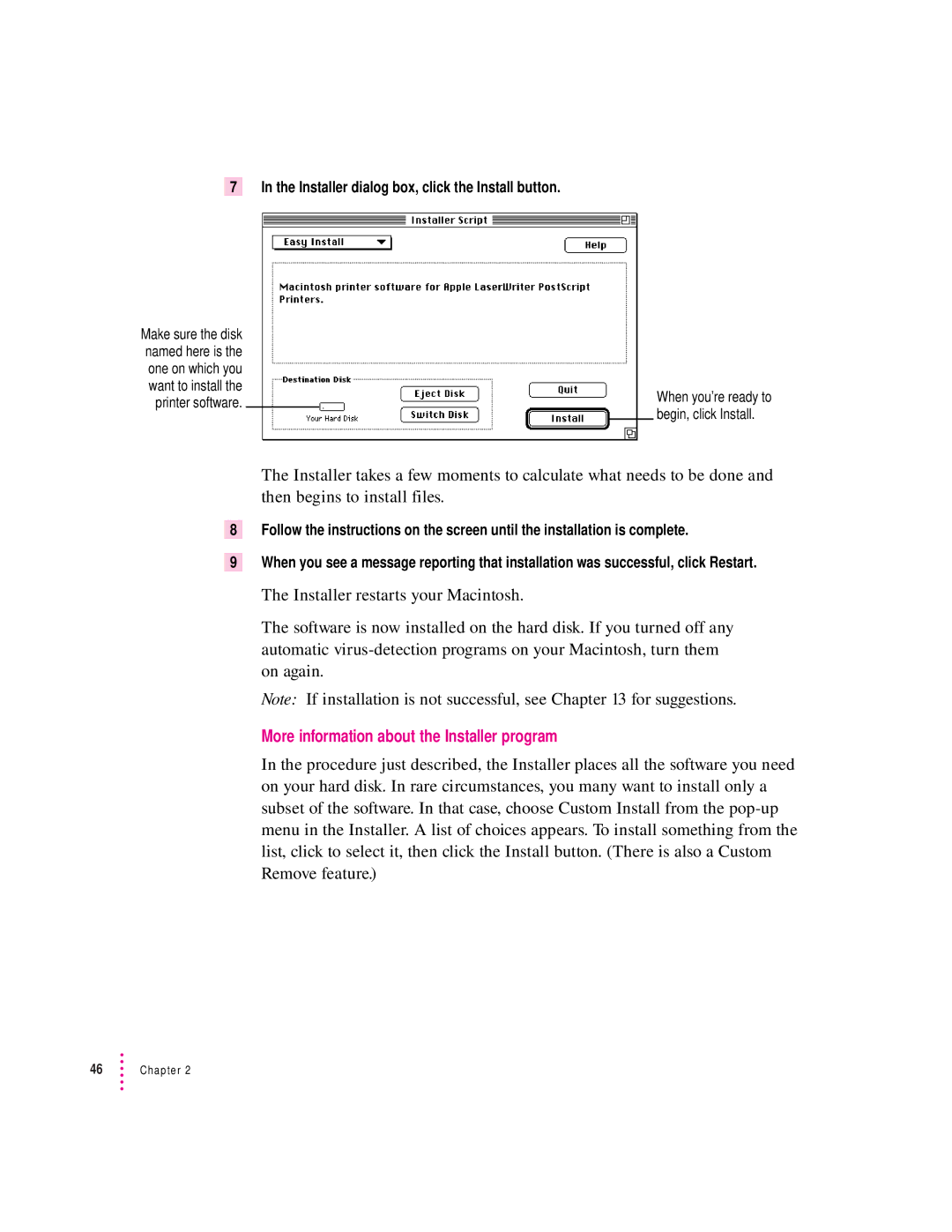 Apple 12/600PS manual More information about the Installer program, Installer dialog box, click the Install button 