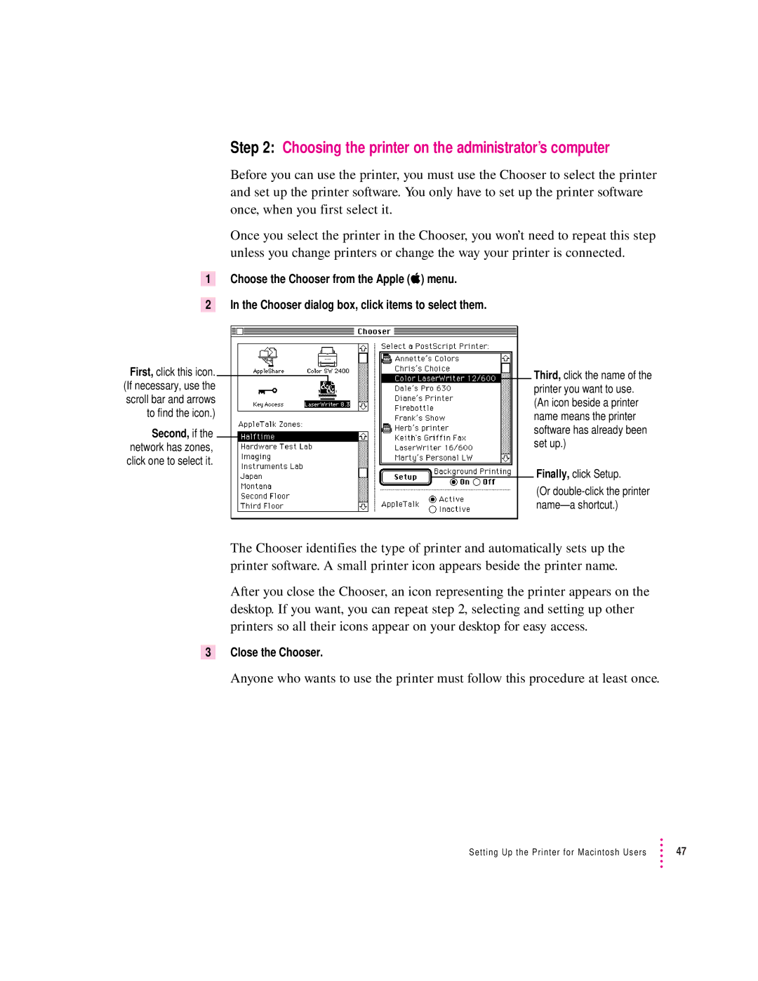 Apple 12/600PS manual Choosing the printer on the administrator’s computer, Close the Chooser 